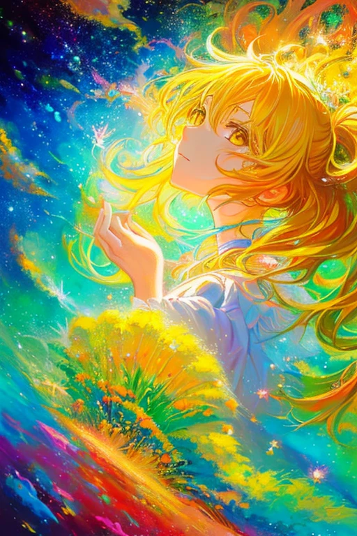 young anime girl, golden hair, golden eyes, in a colorful world, in a surreal world, colorful, surreal, dreamy, fractal art, painted art, detailed face, detailed hands, oil painting, pastel colors