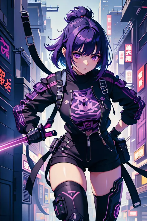 girl holding a laser katana in a cyberpunk setting, black bob hair with purple fades
