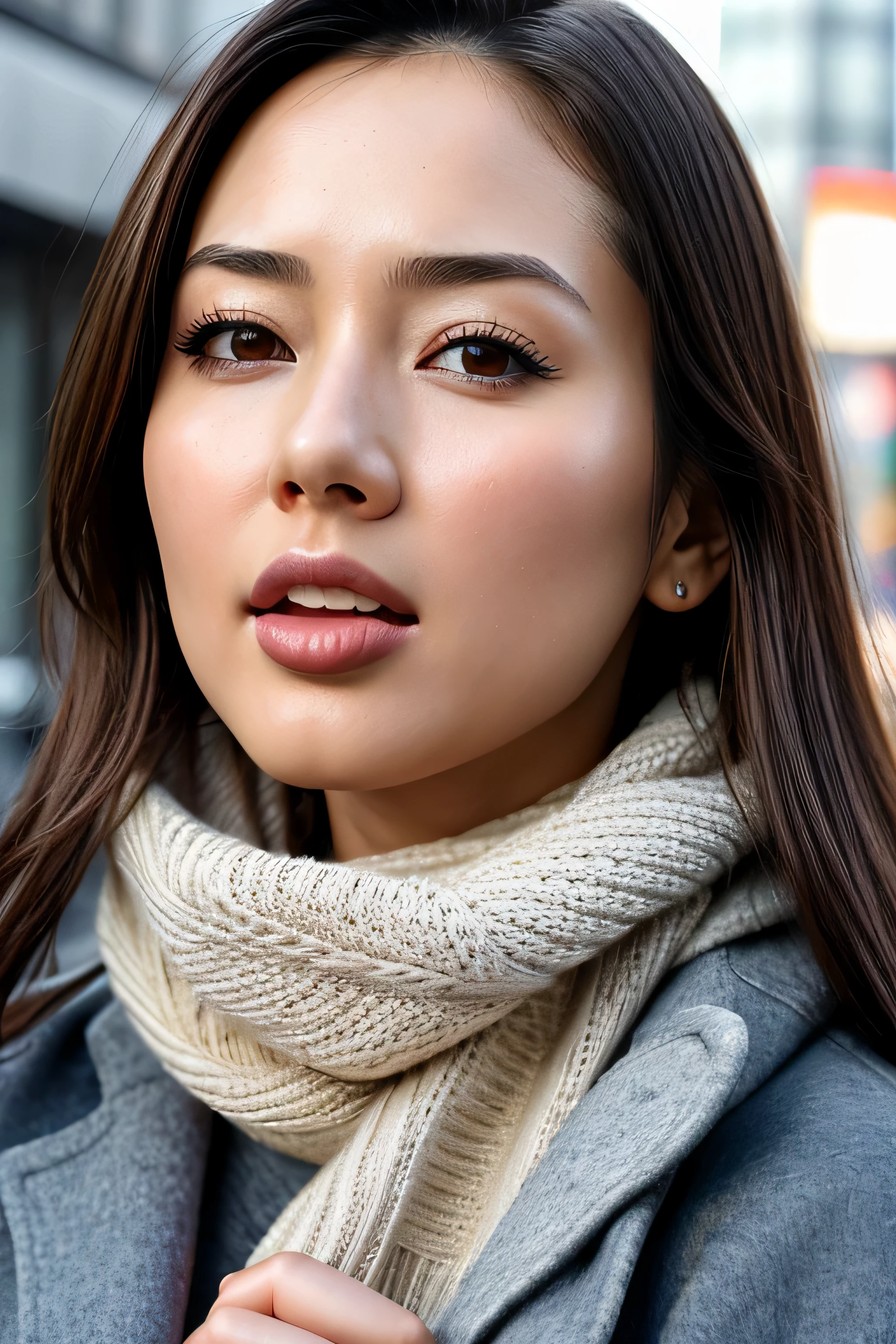 A close up of a woman wearing a scarf and a coat - SeaArt AI