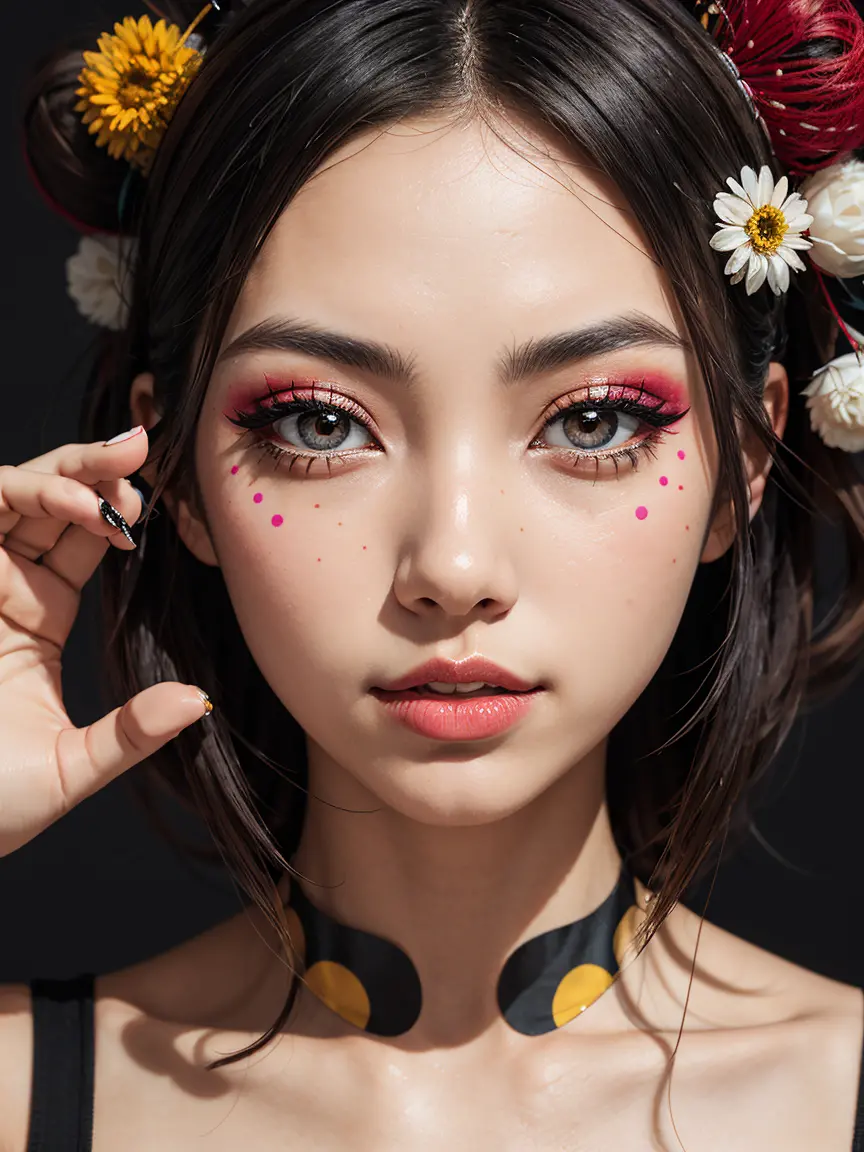 an abstract image of a japanese girl with colorful make up, centered around polka dot theme