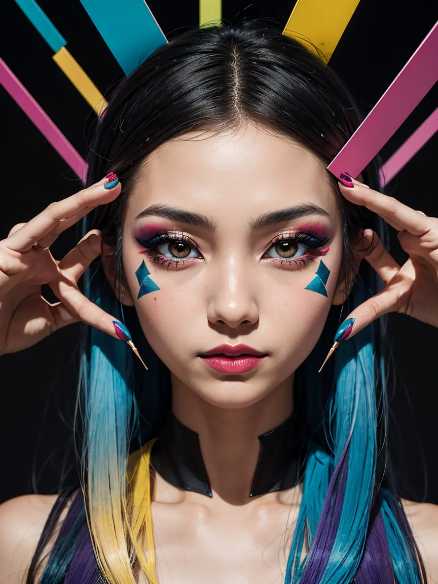 an abstract image of a japanese girl with colorful make up, colorful long hair, centered around geometric shapes theme