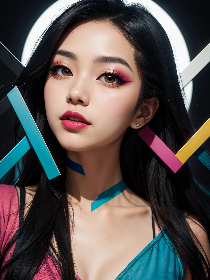 an abstract image of a beautiful korean girl with colorful make up, colorful long hair, centered around geometric shapes