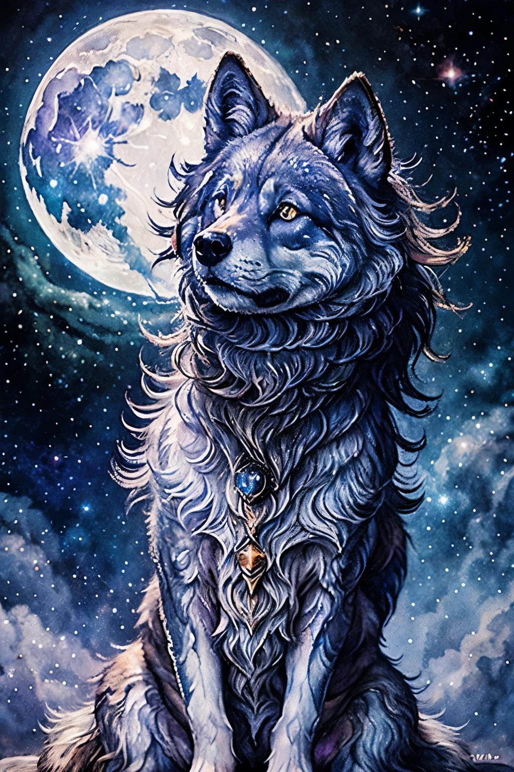 A mesmerizing celestial-themed tattoo art featuring a cosmic wolf howling at the moon, the fur adorned with constellations, surrounded by ethereal stardust, set against a backdrop of swirling galaxies and nebulae, Illustration, watercolor and ink on textured paper, --ar 9:16 --v 5