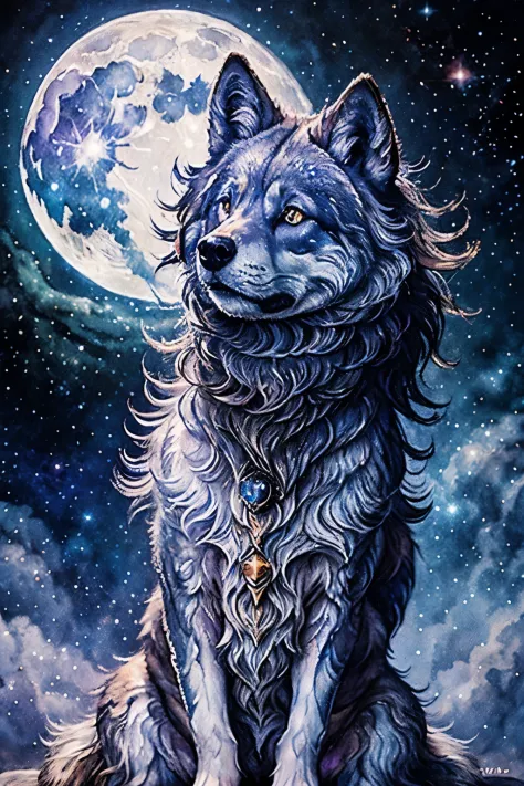 A mesmerizing celestial-themed tattoo art featuring a cosmic wolf howling at the moon, the fur adorned with constellations, surrounded by ethereal stardust, set against a backdrop of swirling galaxies and nebulae, Illustration, watercolor and ink on textur...