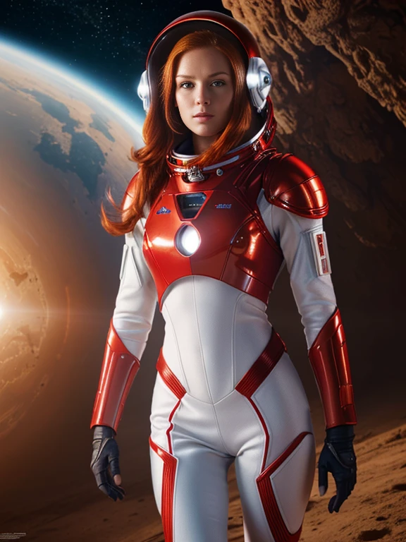 Super realistic image, high quality uhd 8K, of 1 girl, astronaut, realistically detailed, ((slim body, highly detailed)), (tall model), redhead, long ginger hair, highly detailed realistic skin, (tight red futuristic astronaut armor suit, astronaut futuristic helmet), walking on a planet, exploring, very bright colors, standing