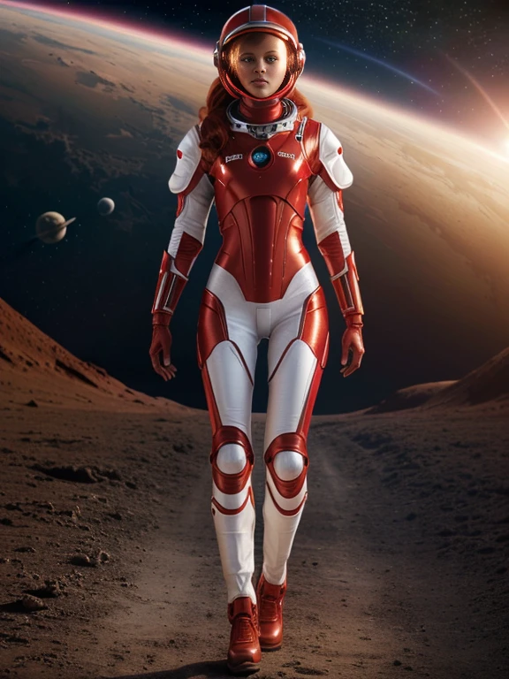 Super realistic image, high quality uhd 8K, of 1 girl, astronaut, realistically detailed, ((slim body, highly detailed)), (tall model), redhead, long ginger hair, highly detailed realistic skin, (tight red futuristic astronaut armor suit, astronaut futuristic helmet), walking on a planet, exploring, very bright colors, standing