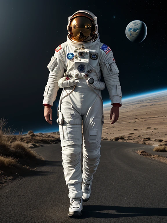 Super realistic image, high quality uhd 8K, of 1 girl, astronaut, realistically detailed, ((slim body, highly detailed)), (tall model), redhead, long ginger hair, highly detailed realistic skin, (tight red futuristic astronaut armor suit, astronaut futuristic helmet), walking on a planet, exploring, very bright colors, standing