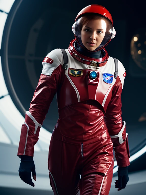 Super realistic image, high quality uhd 8K, of 1 girl, astronaut, realistically detailed, ((slim body, highly detailed)), (tall model), redhead, long ginger hair, highly detailed realistic skin, (tight red futuristic astronaut armor suit, astronaut futuristic helmet), walking on a planet, exploring, very bright colors, standing