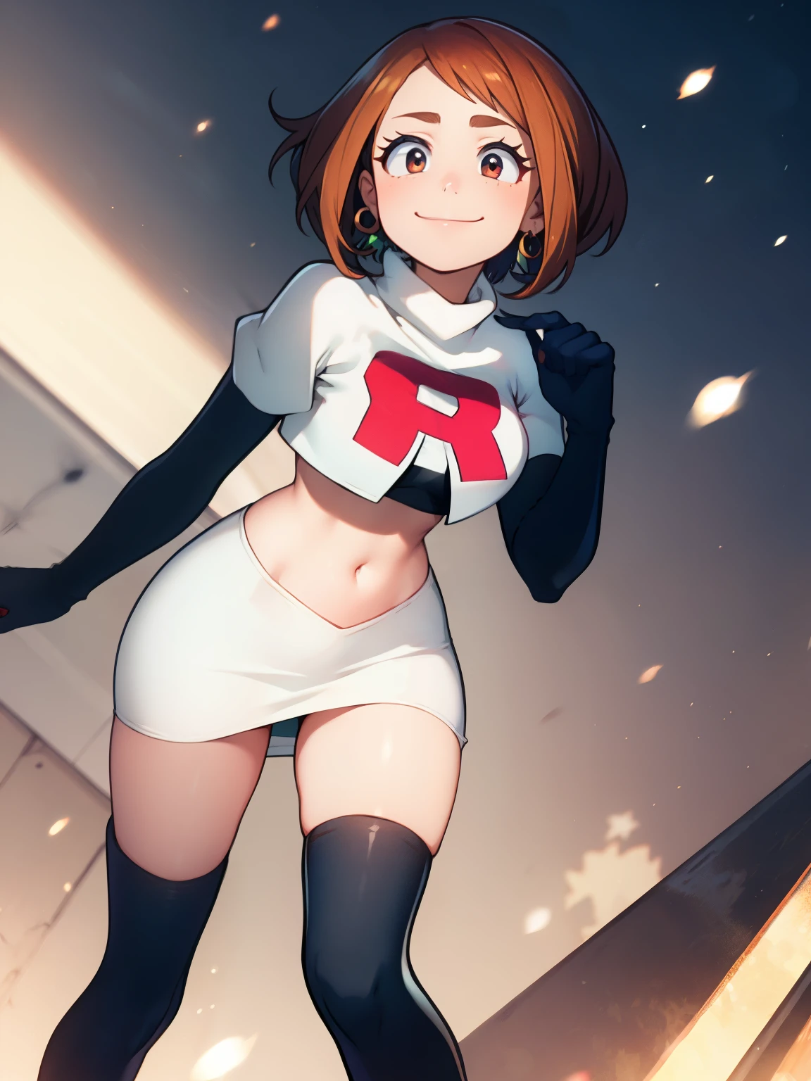 ochaco_uraraka, glossy lips, earings ,team rocket uniform, red letter R, white skirt,white crop top,black thigh-high boots, black elbow gloves, closed mouth, evil smile,