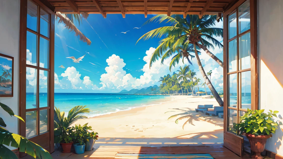 best quality,ultra-detailed,realistic,tropical beach,turquoise water,tall palm trees,sandy shore,seagulls flying,gentle waves,serene atmosphere,sunlight filtering through the palm leaves,warm breeze,peaceful horizon.