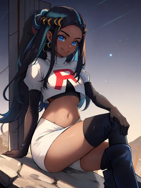 nessa_pokemon, 1girl, solo, dark skin, blue eyes, black hair, blue hair, two-tone hair, glossy lips, earings ,team rocket unifor...