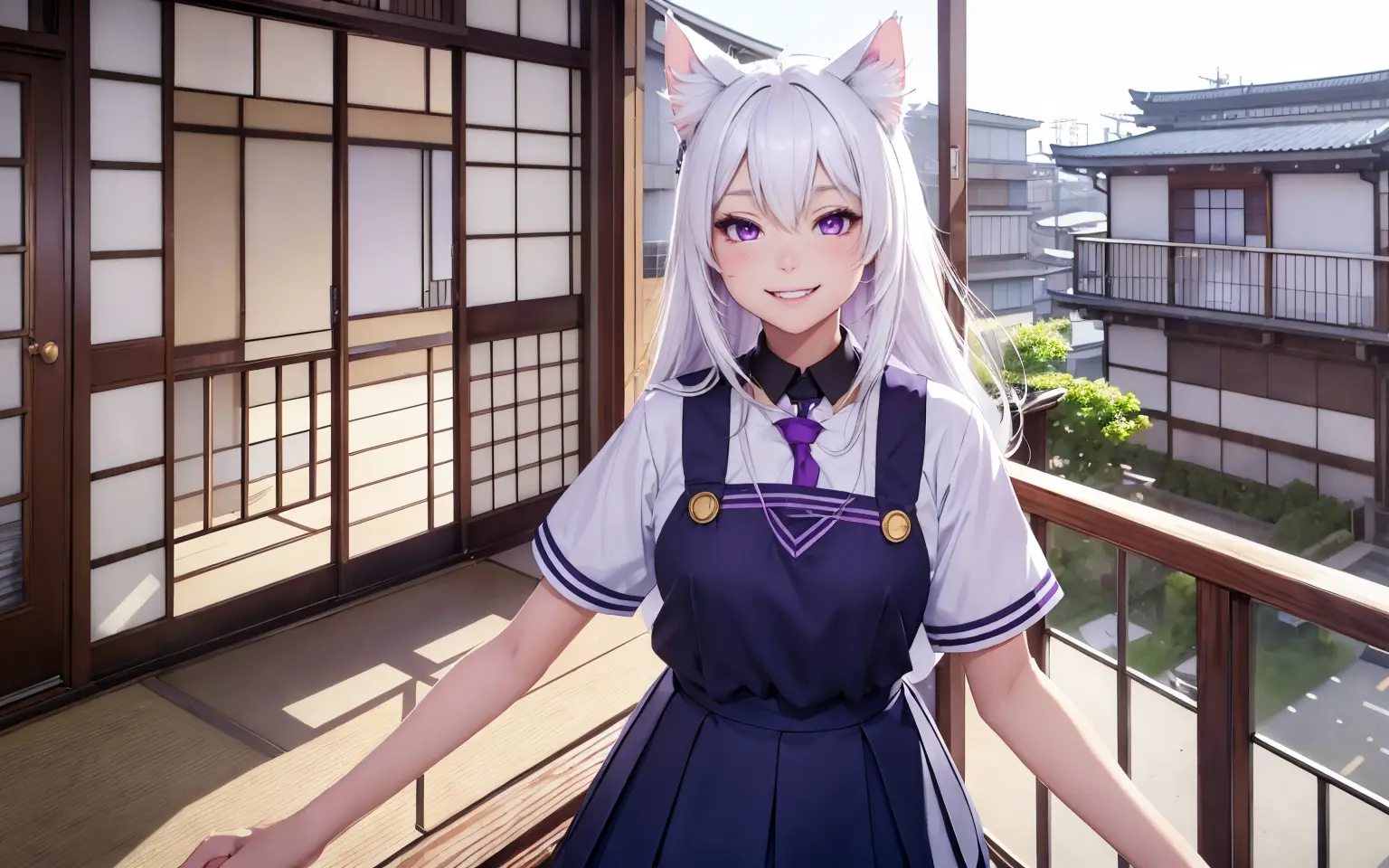 (masterpiece), best quality, expressive eyes, perfect face,(cat ears, cat girl, white hair, 17 years old), 
(school uniform, jap...