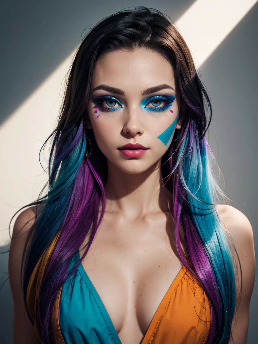 an abstract image of a beautiful Scandinavian girl with colorful make up, colorful long hair, centered around shadows and light, geometric shapes and patterns