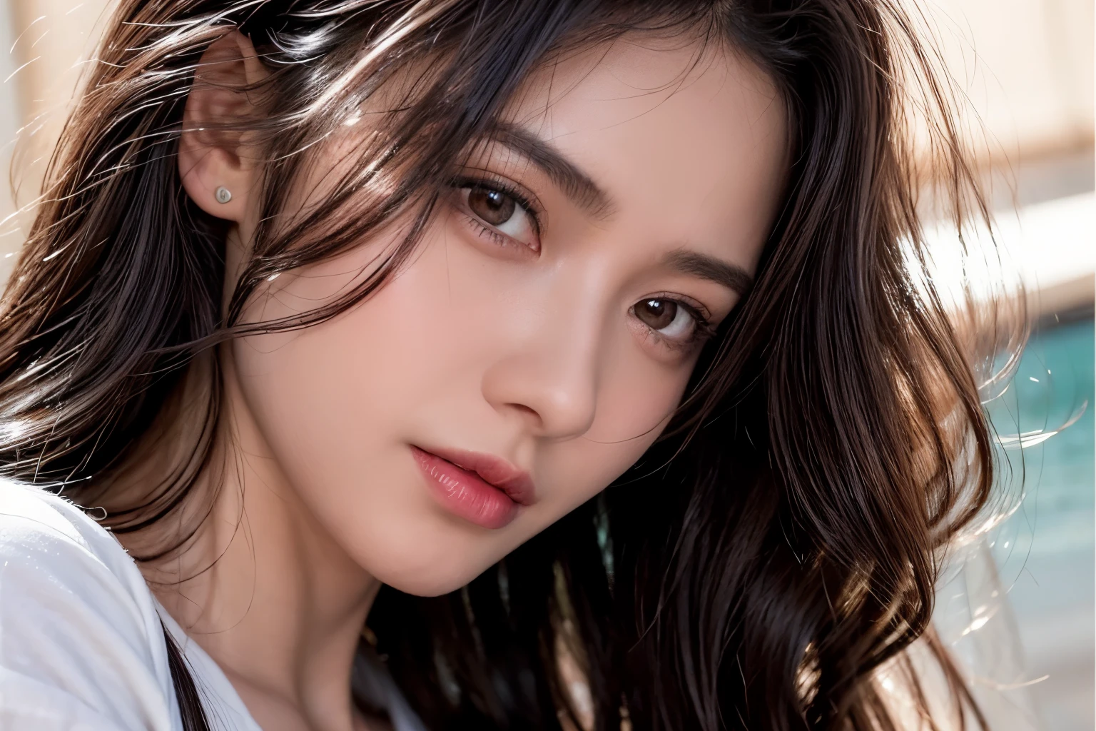 top-quality、hight resolution、​masterpiece:1, pretty woman, messy long black hair styled in loose waves, olhos castanhos, olho detalhado, feliz, lips, rostos detalhados limpos, roupas intracate, white shirt, sombras brilhantes, gradiente bonito, profundidade de campo, imagem limpa, alta qualidade, alto detalhe, highes definition, Luminous Studio graphics engine, rosto bonito, finely detailed eyes, finely detailed face, finely quality eyes, (tired and sleepy and satisfied:0.0), t-shirts, (Increase body line mood:1.1), (Increase skin texture beauty:1.1) smooth abs