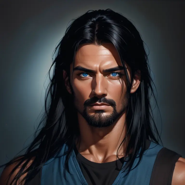 (a man with obsidian black hair, he wears it long down to his shoulders),(attractive steel blue eyes, conveying a captivating ga...