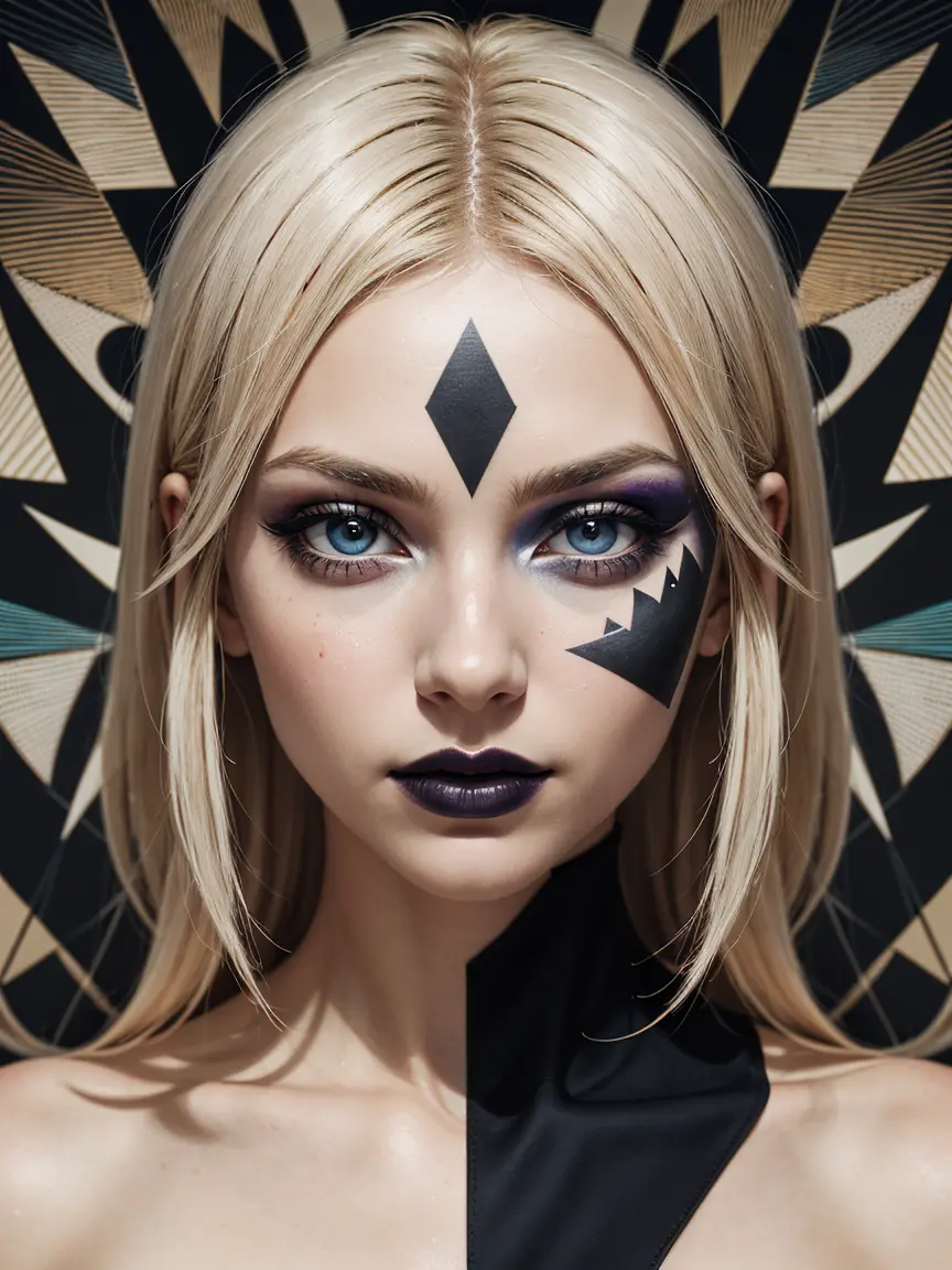 an abstract image of a beautiful blonde scandinavian girl with colorful make up, colorful hair, centered around geometric shapes...