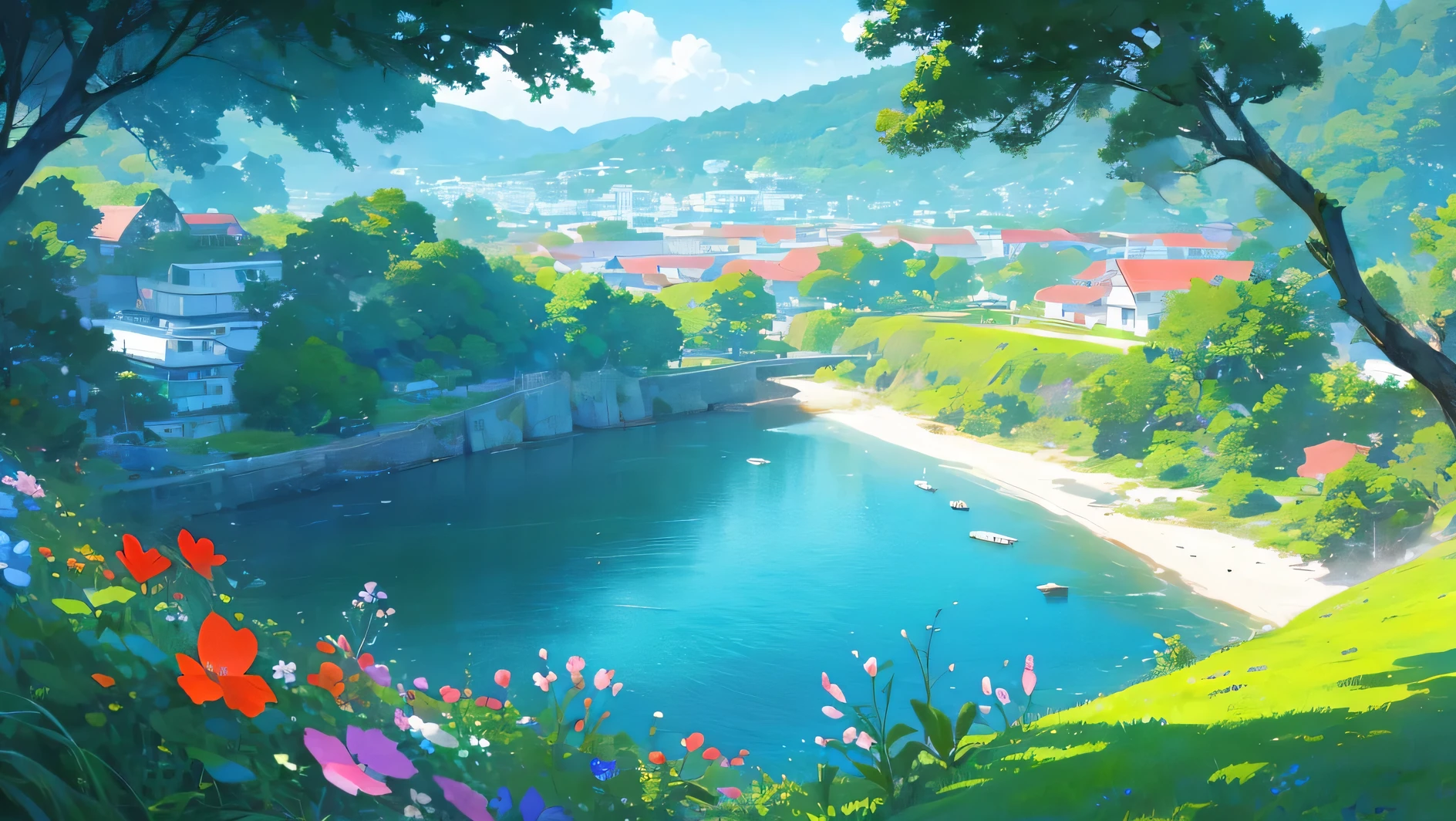 Abbildung eines Strandes mit Blumen und einer Klippe im Hintergrund, schöne Tapete, Blumenmeer überall 10 Uhr