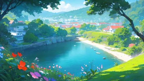 illustration of a beach with flowers and a cliff in the background, beautiful wallpaper, flowers sea everywhere 10 am