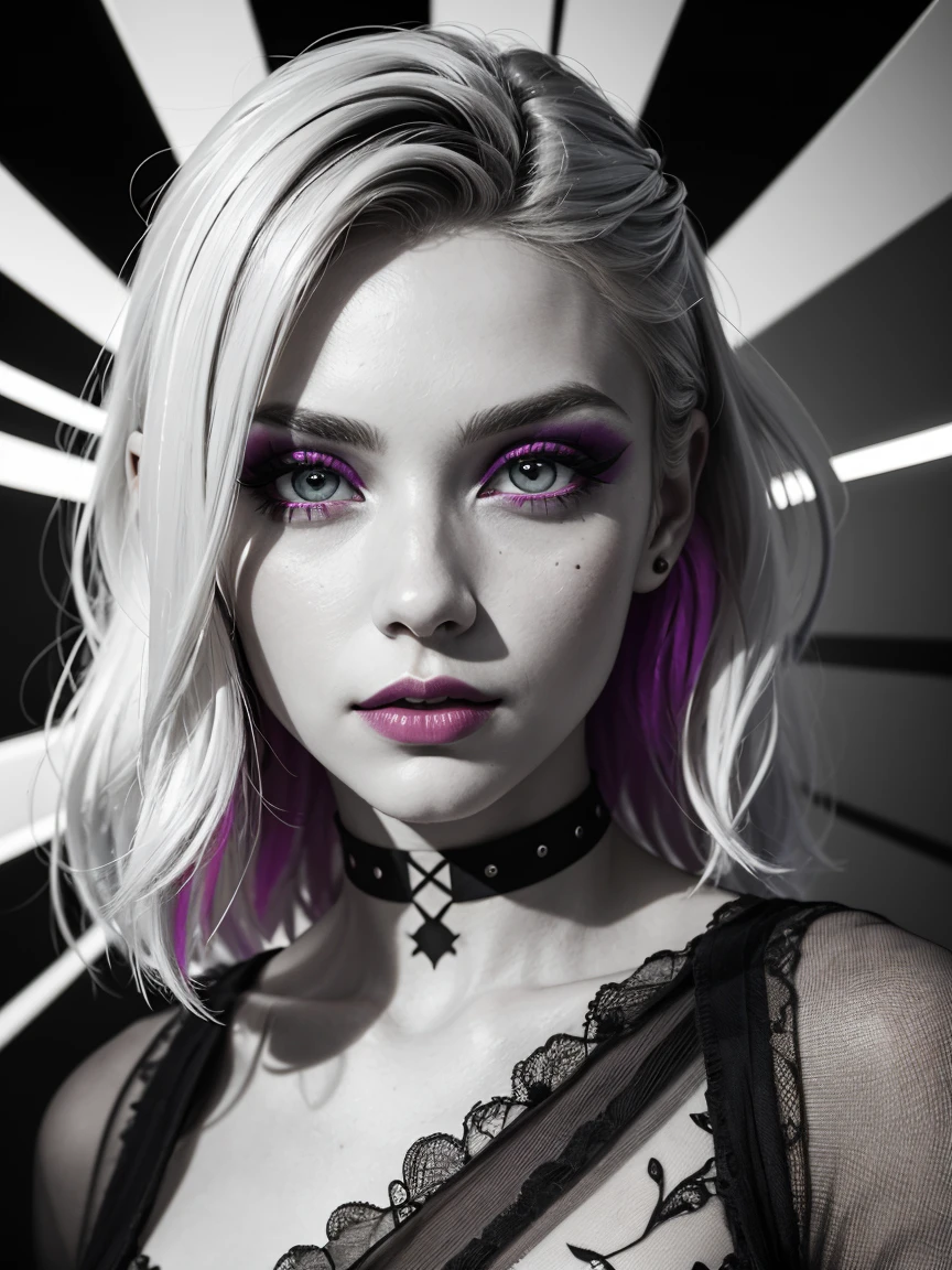 an abstract image of a beautiful blonde Scandinavian girl with colorful make up, colorful hair, centered around geometric shapes and patterns, black and white monochrome