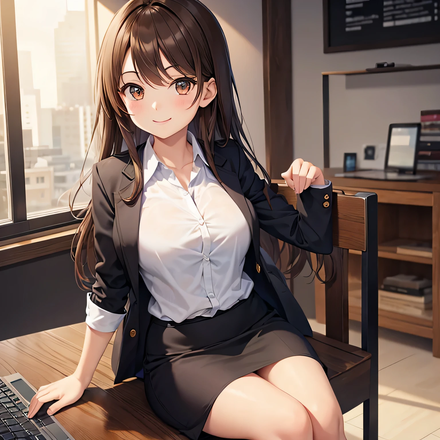 Business Girl, sitting, smile, cute, Big eyes, brown eyes, brown hair