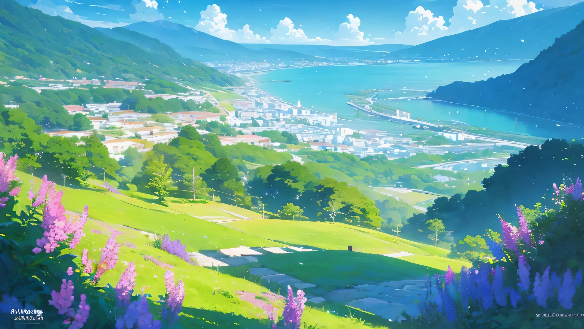 illustration of a beach with flowers and a cliff in the background, beautiful wallpaper, flowers sea everywhere, ross tran. scenic background, beach landscape, beautiful art uhd 4 k, anime beautiful peace scene, beautiful beach, beautiful anime scenery, scenery artwork, beautiful anime scene, amazing wallpaper, magnificent background, rhads and thomas kinkade, scenery wallpaper, beautiful scenery small city
