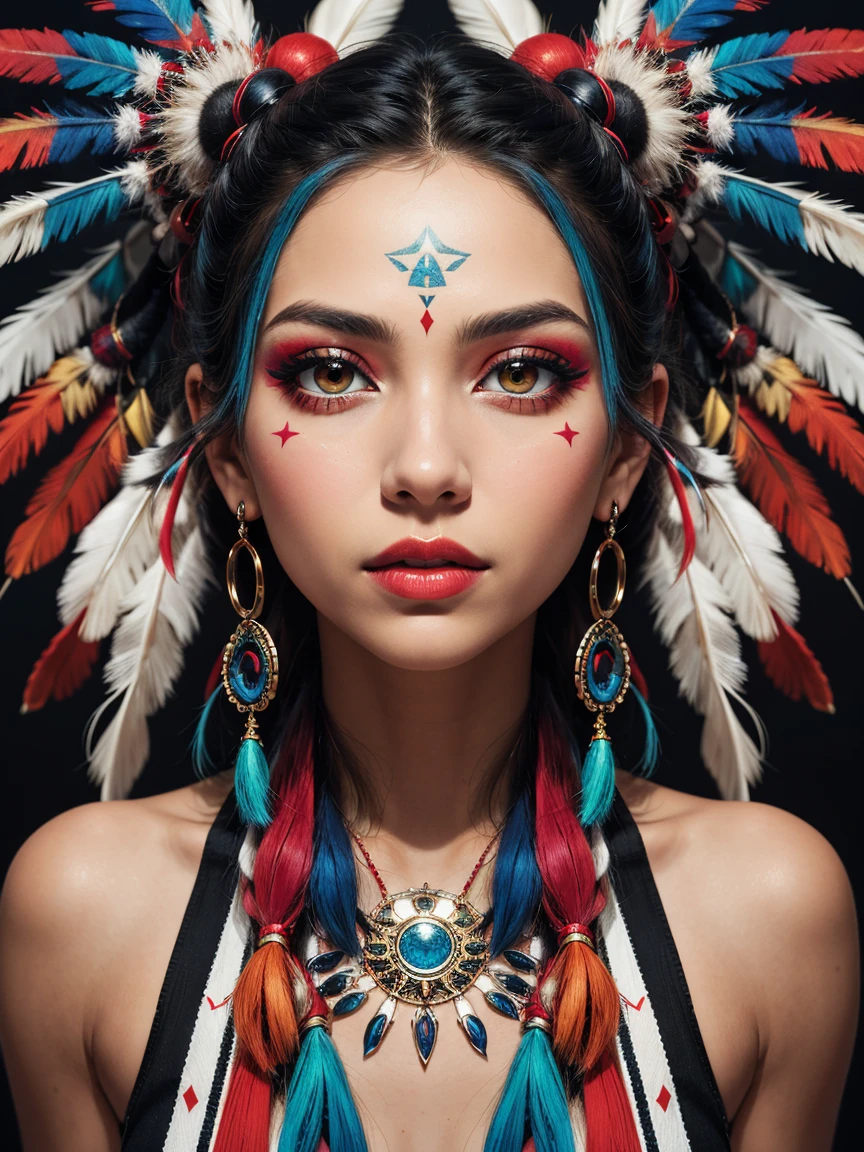 an abstract image of a beautiful native American girl with colorful make up, colorful hair, centered around ancestral nshapes and patterns, 