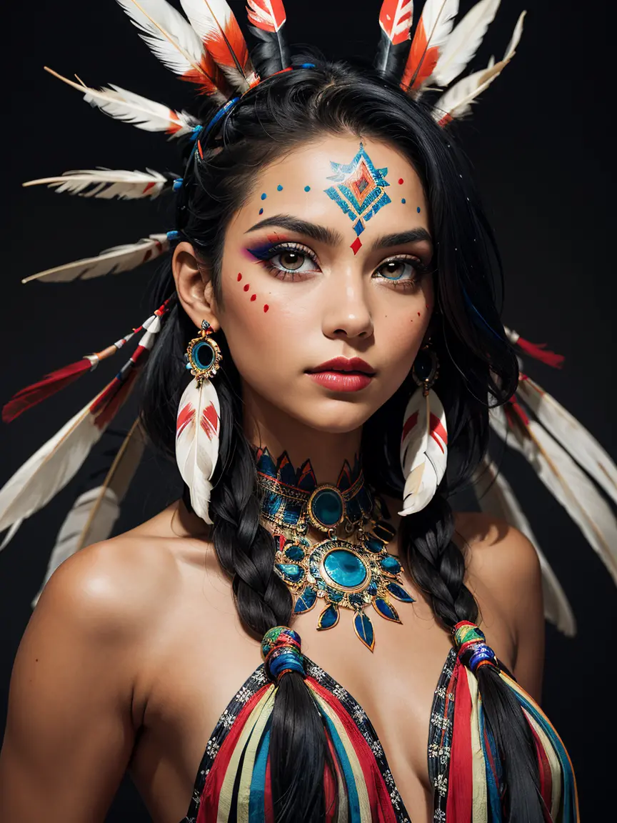 an abstract image of a beautiful native american girl with colorful make up, colorful hair, centered around ancestral nshapes an...