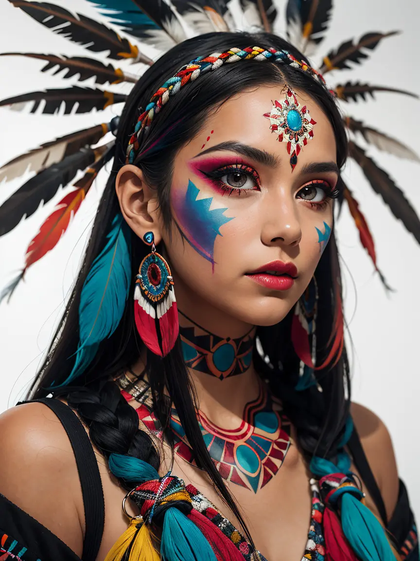 a highly abstract image of a beautiful native american girl with colorful make up, colorful hair, centered around ancestral shap...