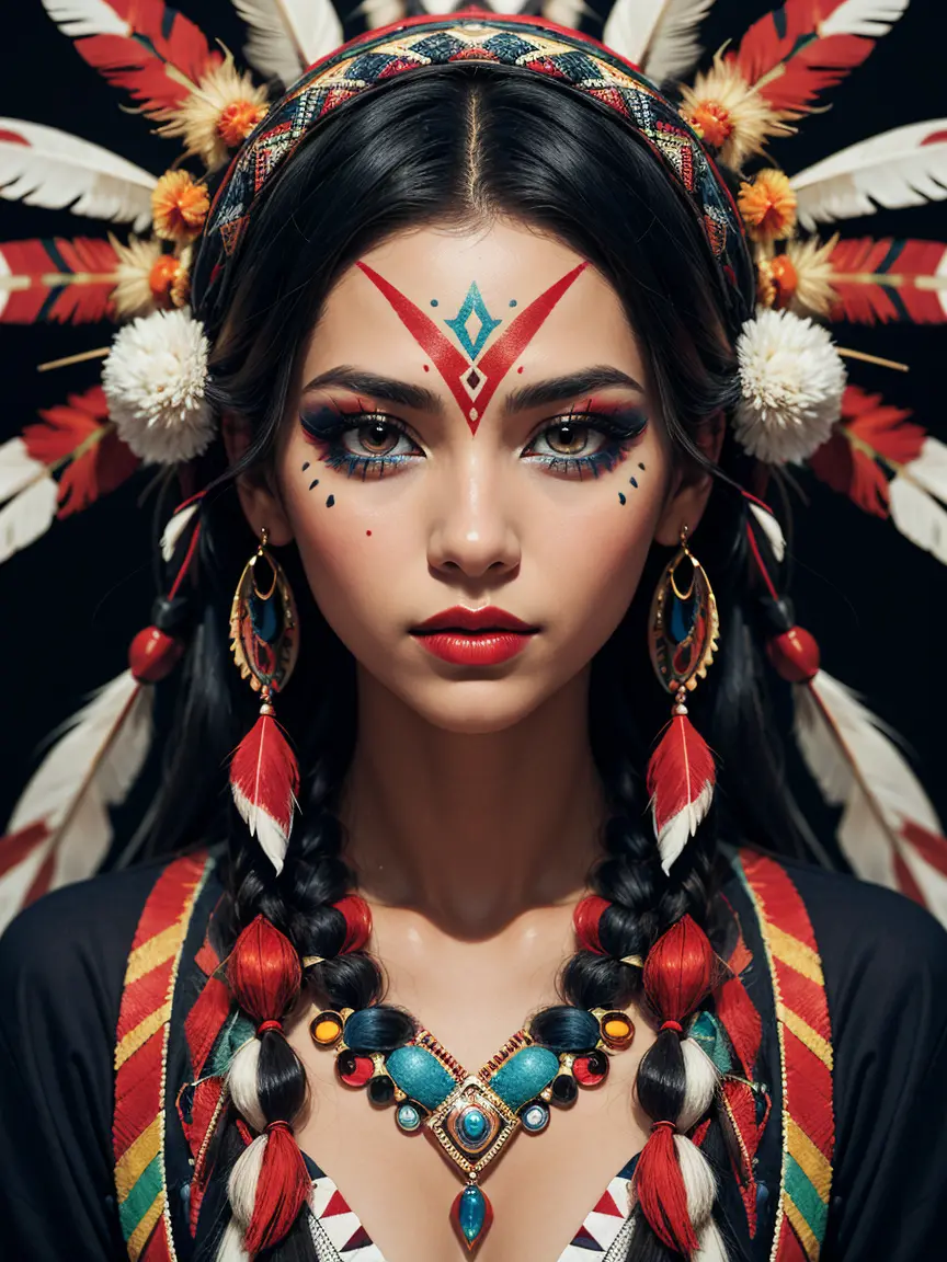 a highly abstract image of a beautiful native american girl with colorful make up, colorful hair, centered around ancestral shap...