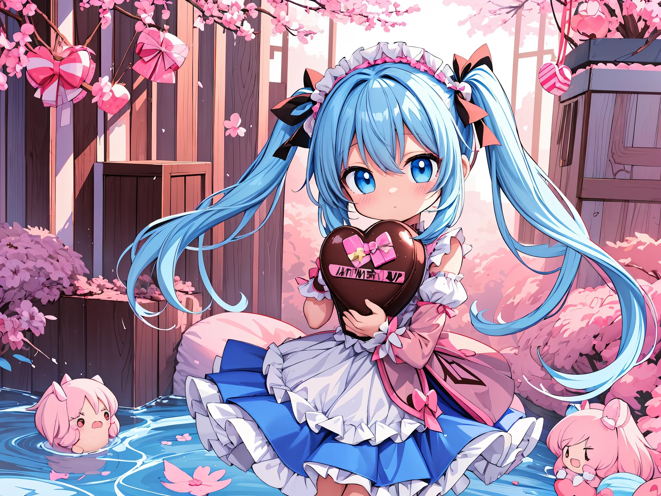 Anime girl holding big chocolate with valentine&#39;s day ribbon, light blue long hair、twin tails、Holding chocolate in hand、anime moe art style,cute lolita costume、 Cute girl anime visual, small change girl, anime food,  change, change, cute anime girl, Best Anime 4K Kona-chan Wallpaper, everyone, anime style 4k, Also, pixiv