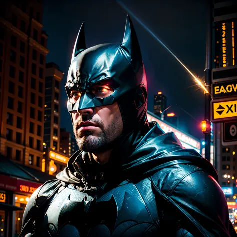 batfleck ben-affleck batman in the rain on a city street at night, from movie batman, film still of batman, in batman movie stil...