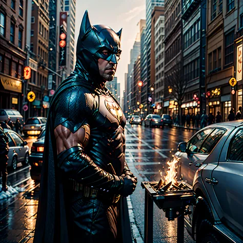 Batfleck Ben-Affleck batman in the rain on a city street at night, from movie batman, film still of batman, in batman movie stil...