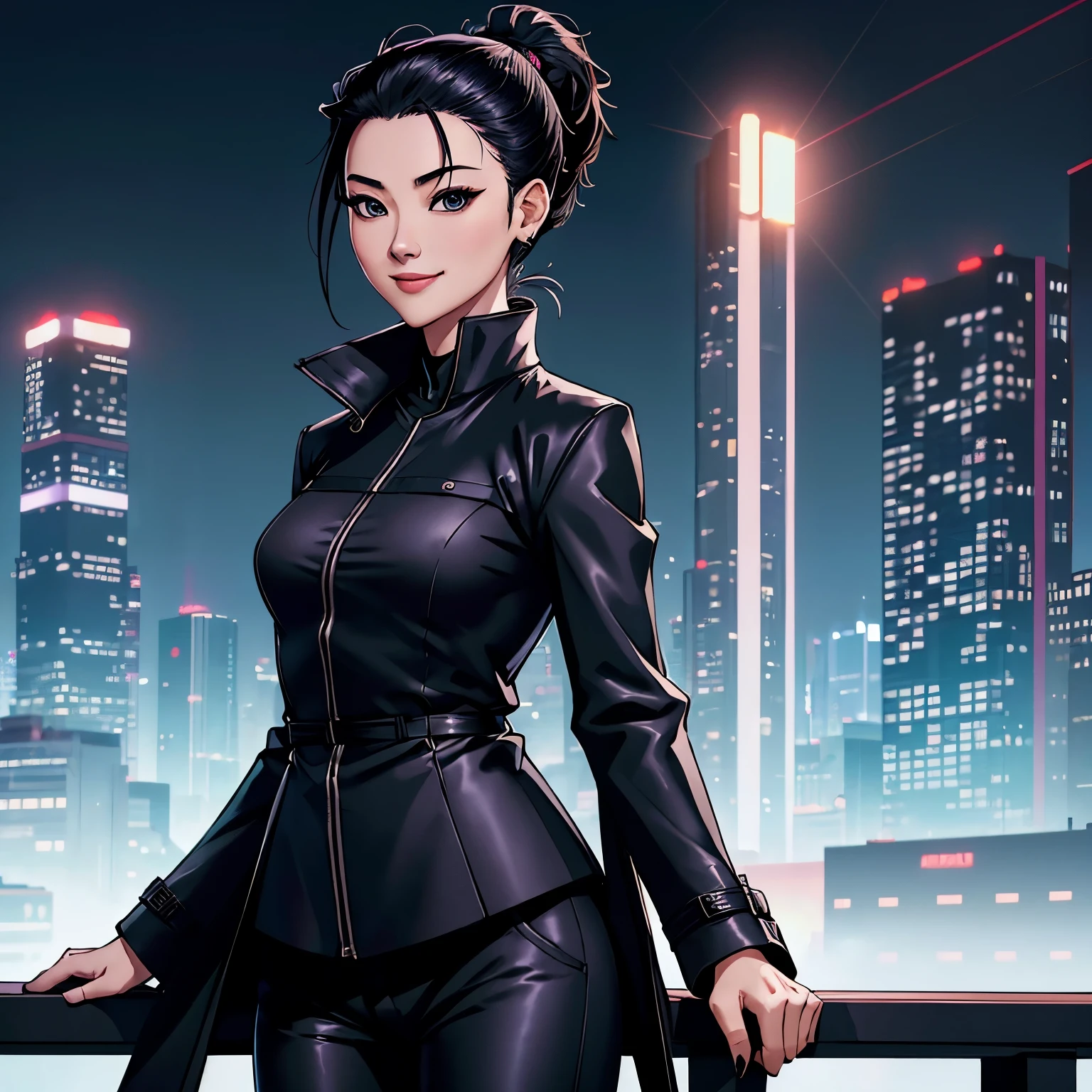 Jing Tian, 1 chica en solitario, mujer madura, pelo de cola de caballo negro, (Vistiendo un abrigo negro, pantalones:1.3), sonrisa engreída, 16k, alta definición, Cabello de ultra calidad, cara de ultra calidad, Imagen de ultra calidad, luces cinemáticas, tiros medios, (fondo de la ciudad de Orlando:1.1), cielo de la mañana, hablando por teléfono