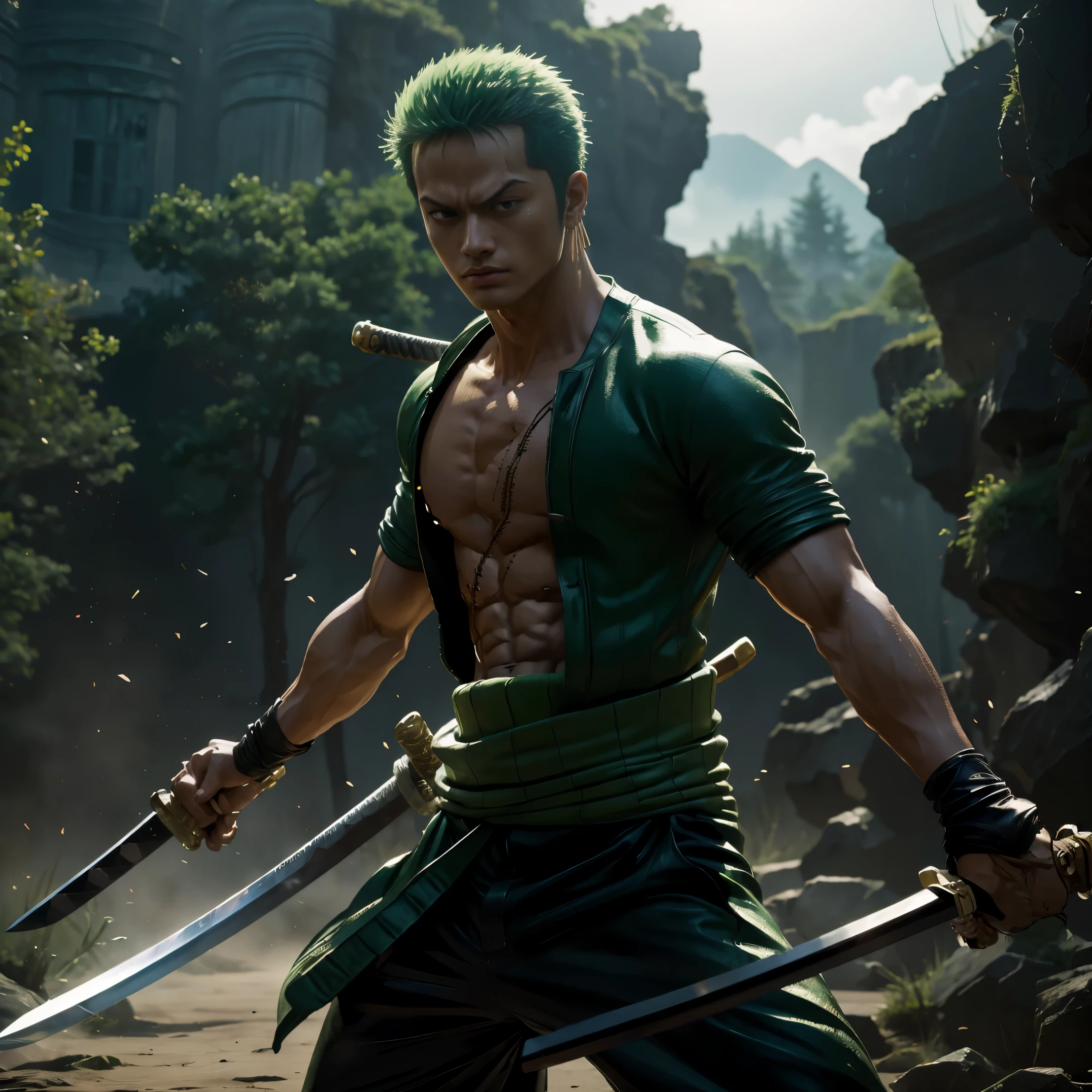 Hyperrealistic Still of Zoro from One Piece, wielding his Three-Sword Style in a thrilling real-life action scene. (Best Quality, 4k, 8K, high resolution, Masterpiece: 1.2)
