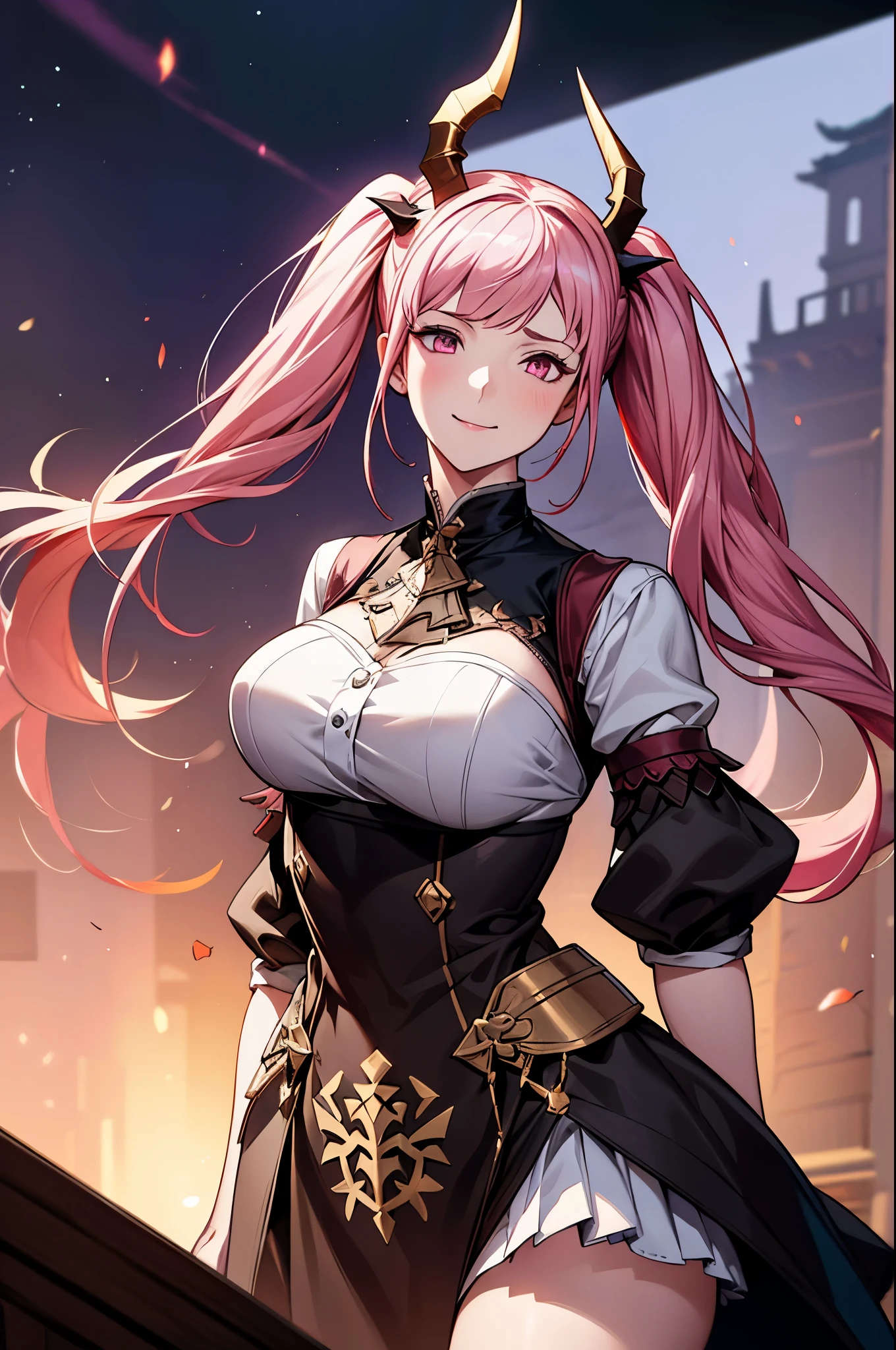 (masterpiece),(intricate details), 1girl, hilda from fire emblem, hilda, young woman in a conservative white dress, pigtails, pink hair, pink eyes, dragon horns, [[horns]], horned, big horns, arknight style, arknights character, art, 4k art, artstation, hd art, hd, ethereal background with starmaps, smiling, looking to the horizon, fully covered, highly detailed, extremely detailed art, extremely detailed face, extremely detailed eyes, dynamic pose, dynamic background