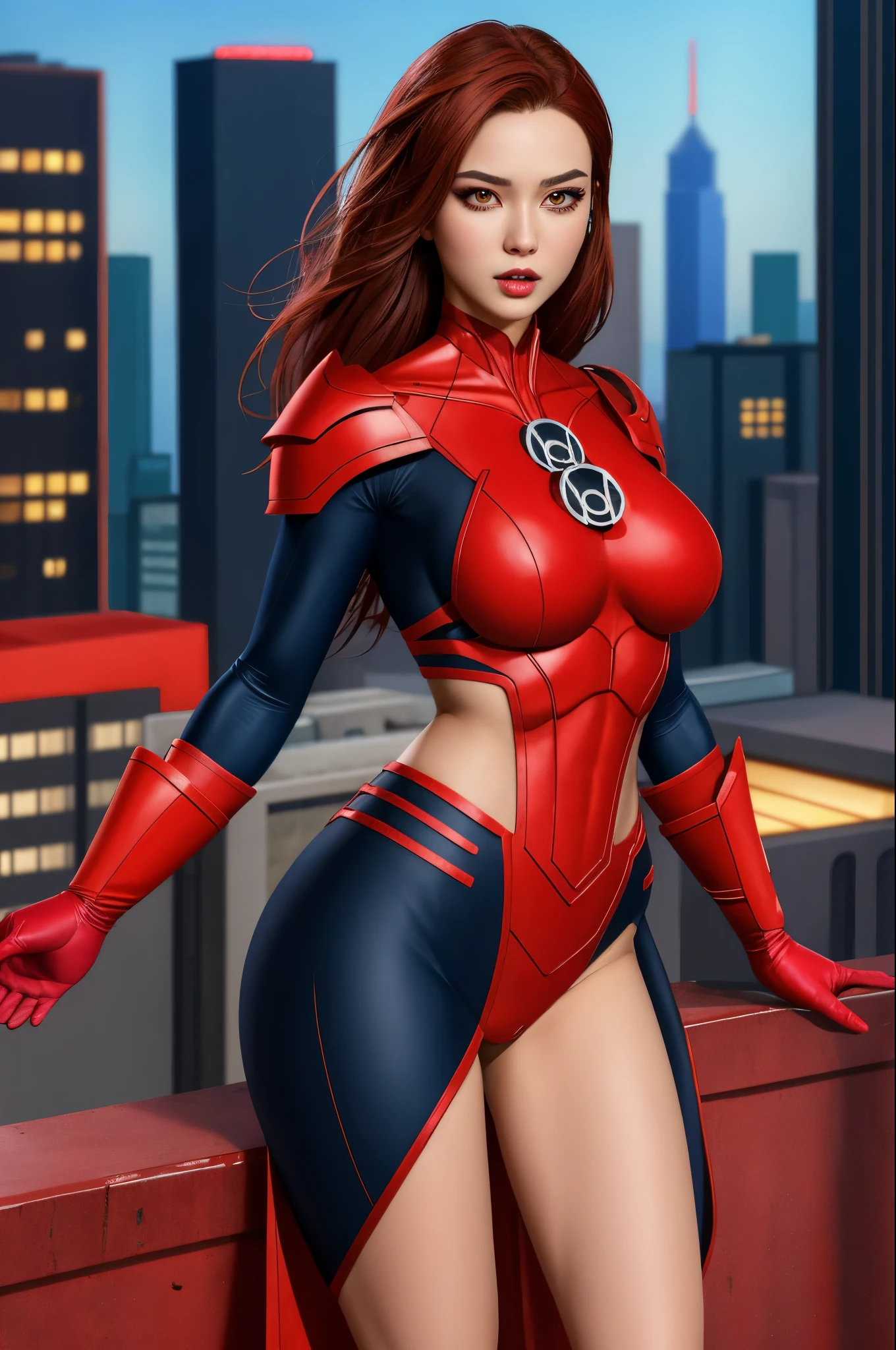 masterpiece, high quality, 4k resolution, best quality, 1girl, Auburn hair, jade eyes, perfect body shape, big , red eyes are color, red lantern costume, cityscape background, bloody environment, 