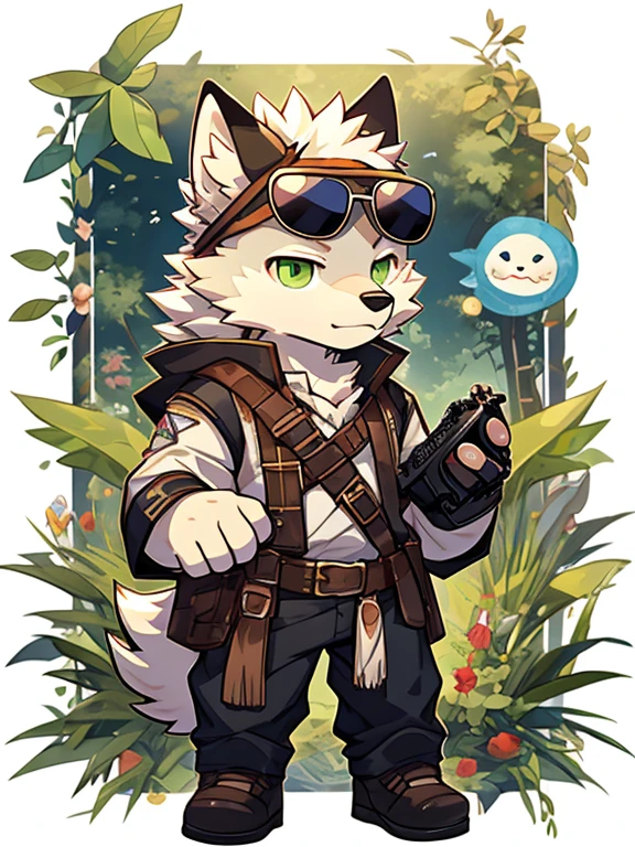 Section member costume little wolf，sunglasses on head，A fragile-looking white wolf orc，Looks 15 years old，light green pupils，cute behavior，But can&#39;t speak，There&#39;s always a chatty floating unit around to help me express my feelings.Photographing plants