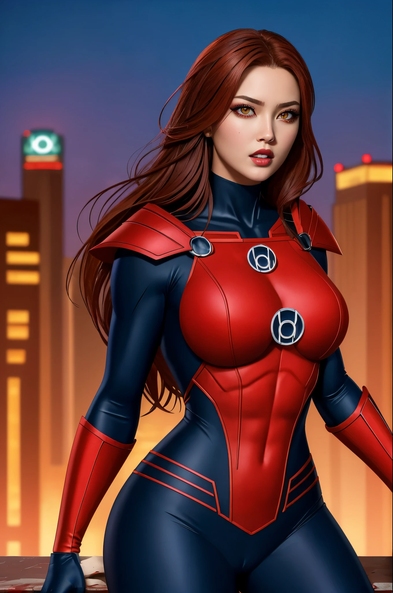 masterpiece, high quality, 4k resolution, best quality, 1girl, Auburn hair, jade eyes, perfect body shape, big , red eyes are color, red lantern costume, cityscape background, bloody environment, 