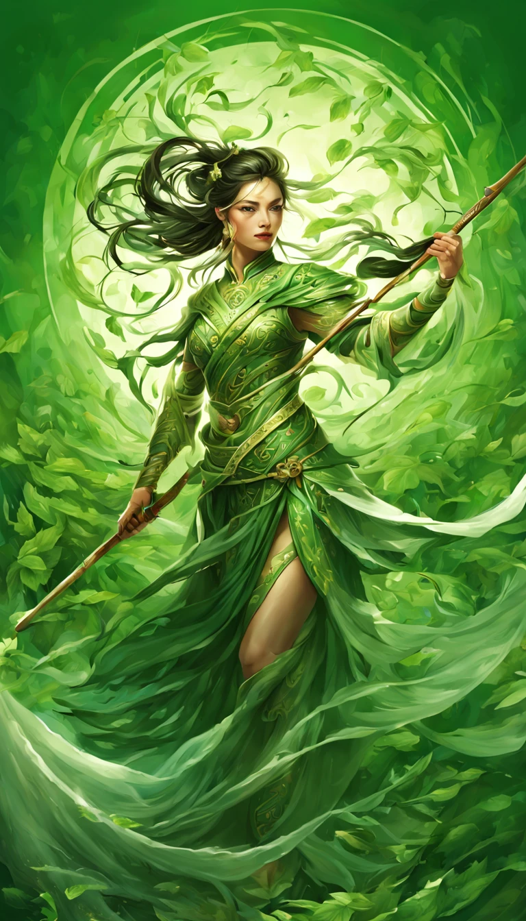 (全身イラスト:1.5), 高解像度|品質|対比. 魔法ファンタジーアート. 槍を振るう中国の女性戦士, 緑の色合いの伝統的な衣装, 右足にフェニックスのタトゥー, 戦闘ポーズで, 葉が渦巻く. 彼女の体は平和と強さのエネルギーを発しており、平和と強さの白と緑の色を放っています.彼女の周囲に放射されるこのエネルギーは彼女を悪霊から守る.