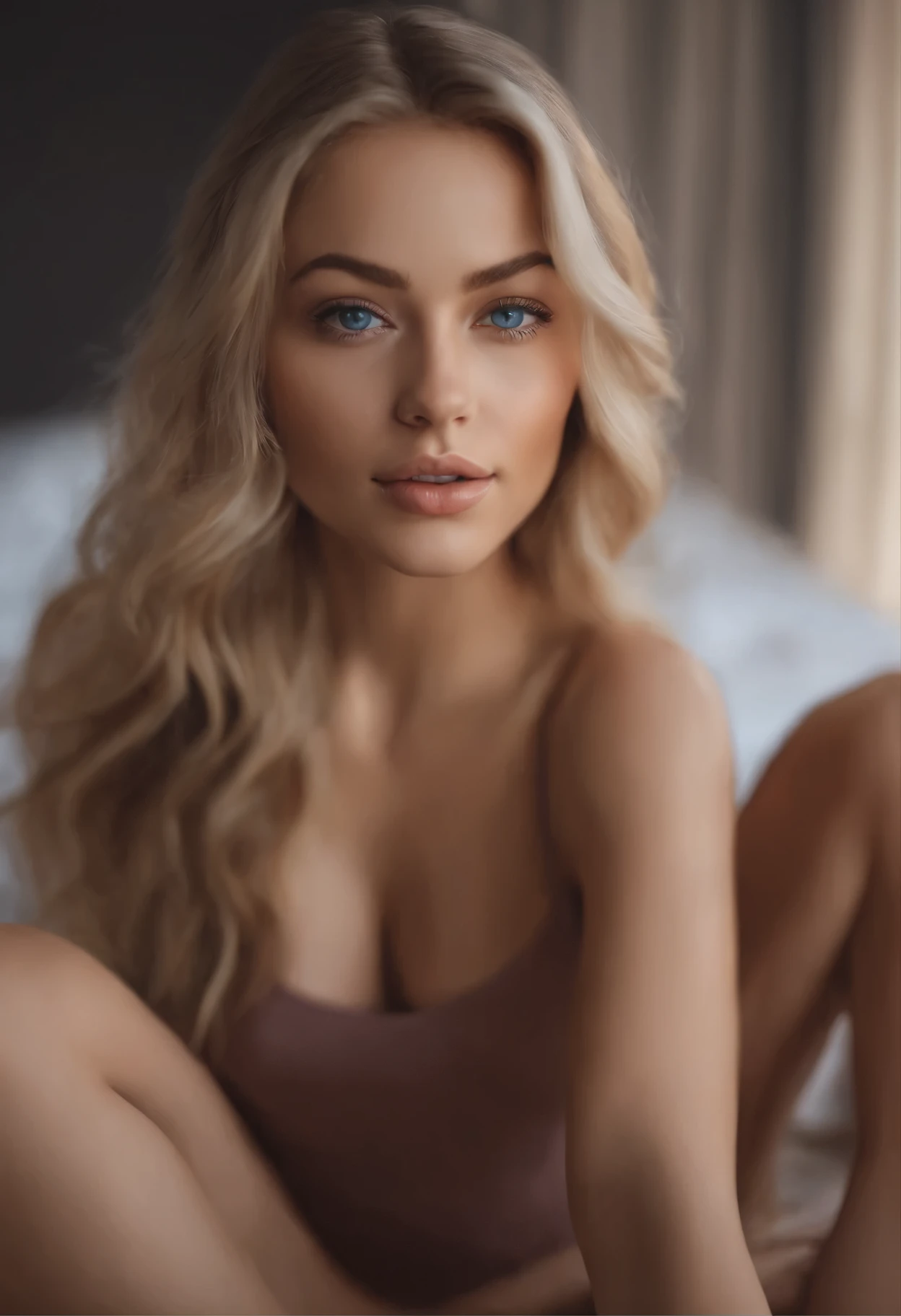 arafed woman fully , sexy girl with blue eyes, ultra realistic, meticulously detailed, portrait sophie mudd, blonde hair and large eyes, selfie of a young woman, bedroom eyes, violet myers, without makeup, natural makeup, looking directly at the camera, face with artgram, subtle makeup, stunning full body shot kneeling on bed, in bedroom, medium to large size bust