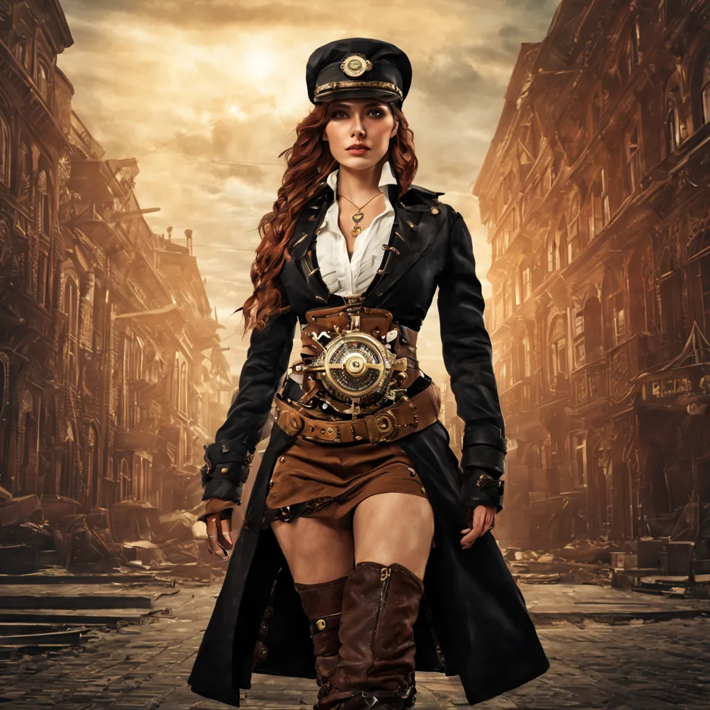 Ultra-realistic, 4k, professional photo, steampunk, 25 year old girl, HDR10, cinematic, full body, detailed face, medium body, s...