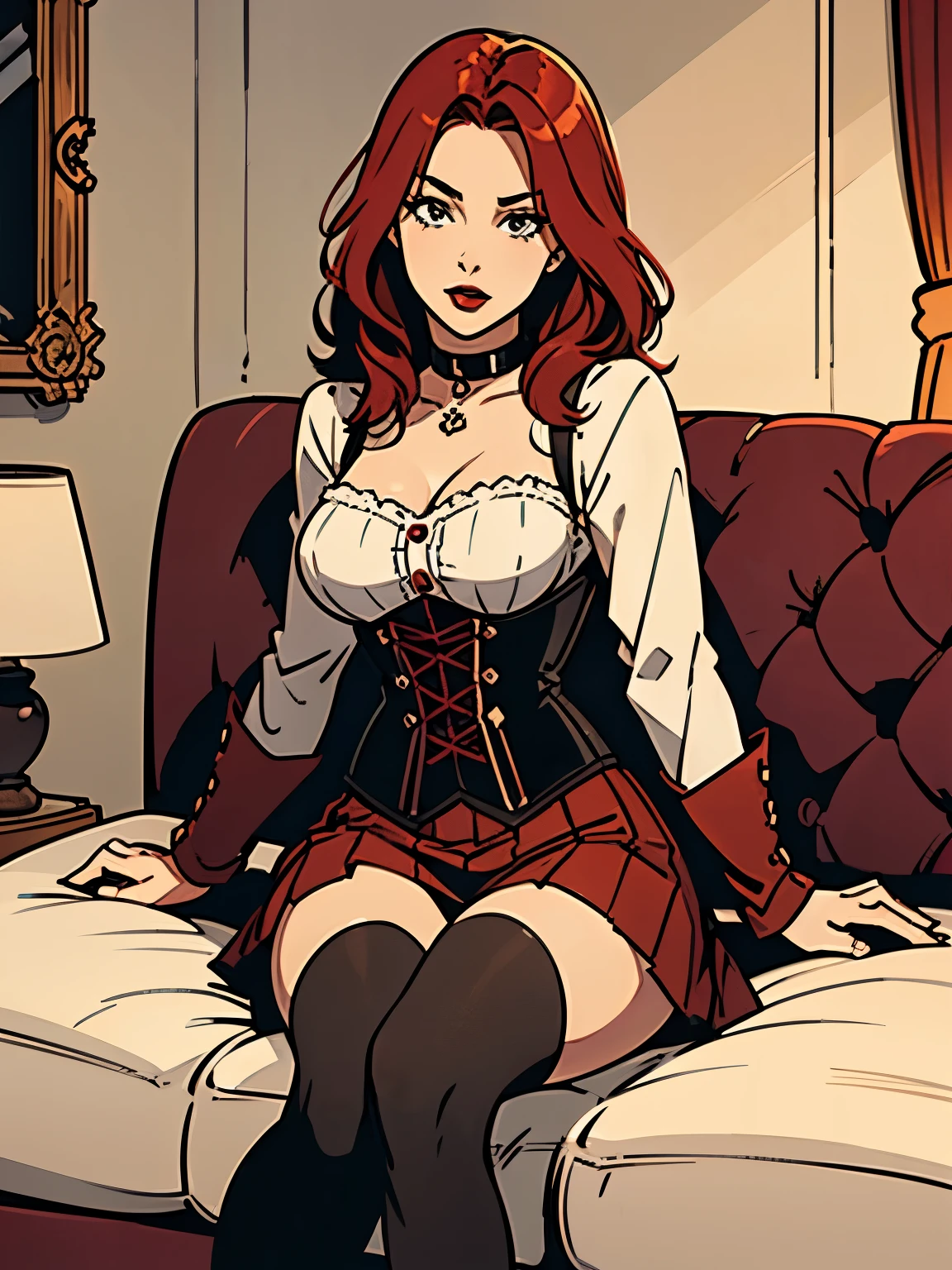 schönes Mädchen, sehr süß, Sitzen auf dem Sofa, mittlere Brüste, Rote Haare, corset, roter Lippenstift, kurzer Rock