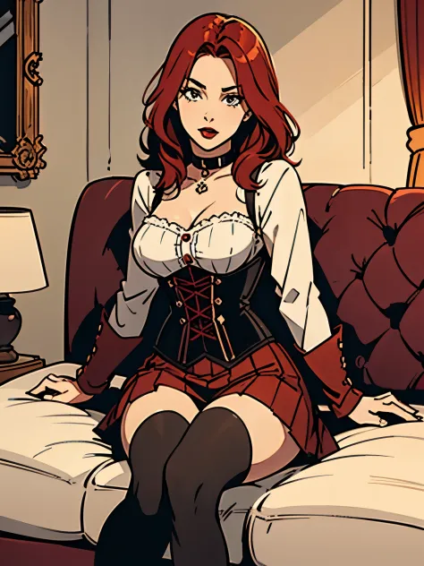 beautiful girl, very cute, sitting on the sofa, medium breasts, red hair, corset, red lipstick, short skirt