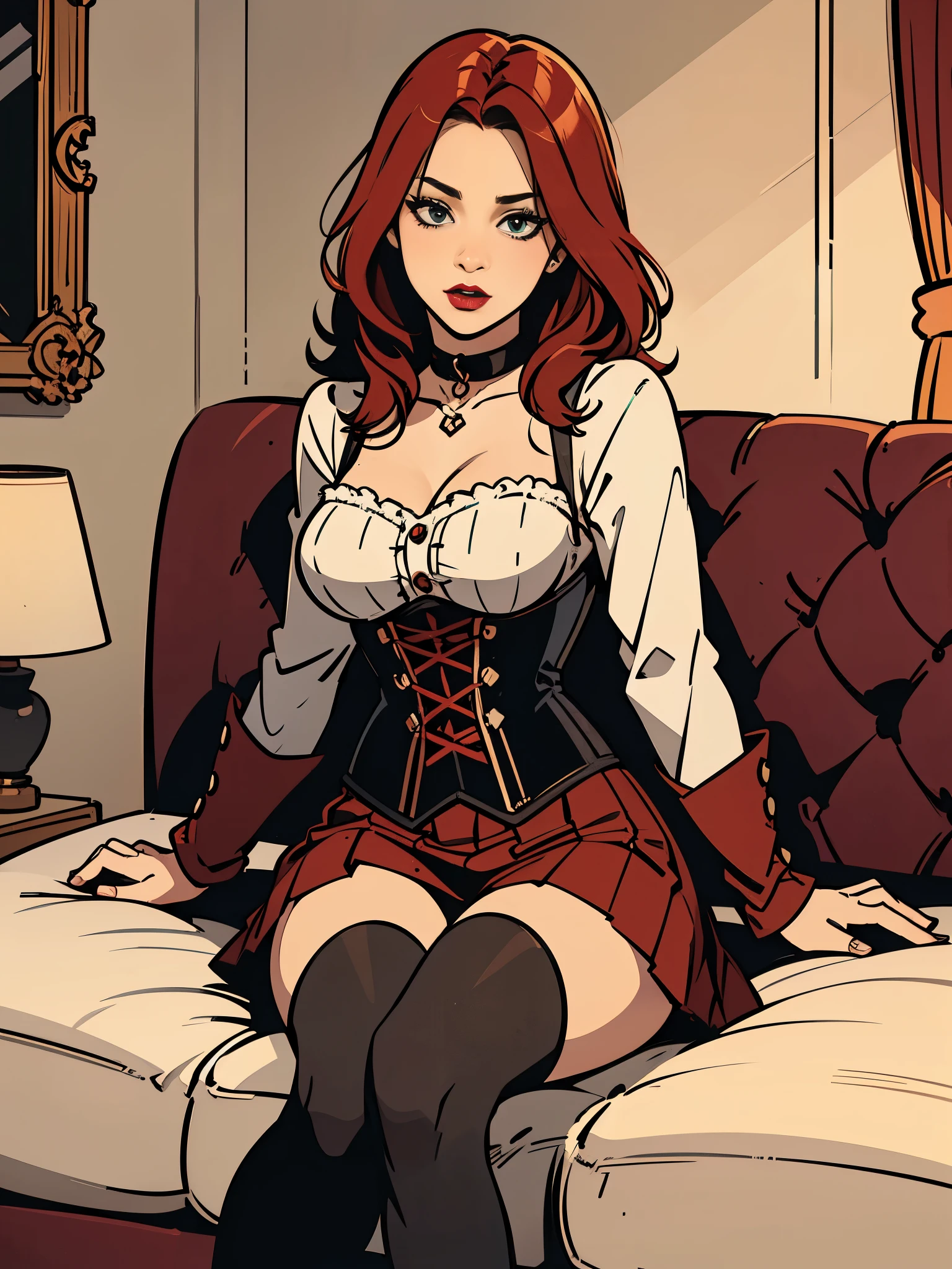schönes Mädchen, sehr süß, auf dem Sofa sitzen, mittlere Brüste, Rote Haare, corset, roter Lippenstift, Kurzer Rock, 4k