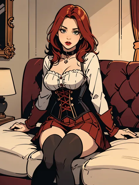 beautiful girl, very cute, sitting on the sofa, medium breasts, red hair, corset, red lipstick, short skirt, 4к