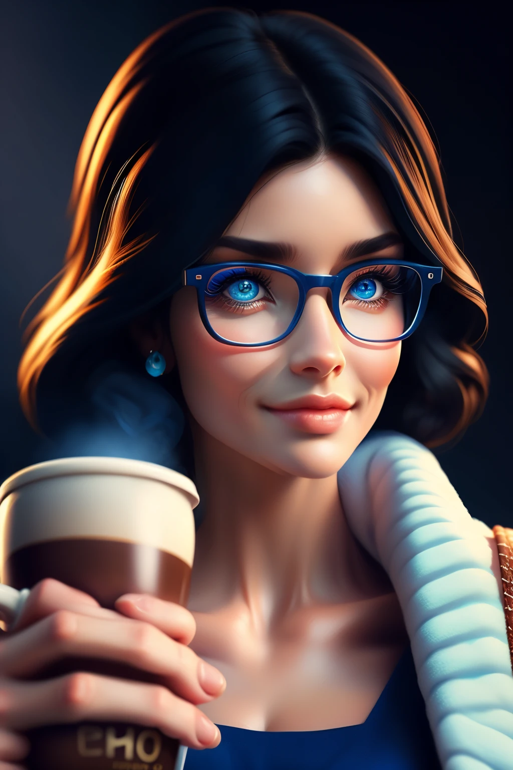 Masterpiece artwork, best qualityer, huge very big blue eyes, 3d rendering work, estilo 3dMM, close-up, portraite, 3d, woman 43 years old, first the design, eyes browns, black eyeglasses, medium wavy black hair, soft braces smile, 80 kg overweight, wears light blue blouse, long sleeve with volume, holding a brown mug of coffee, next to a study table, on the table an open agenda, pens, pencils. Cores Candy color, cute