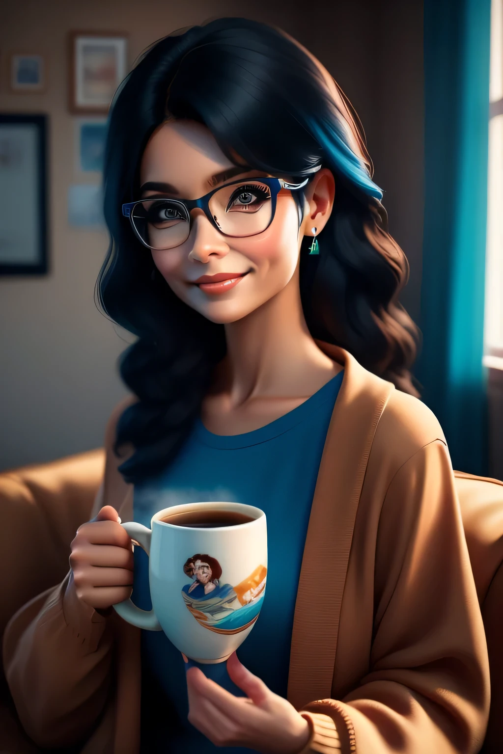 Masterpiece artwork, best qualityer, 3d rendering work, estilo 3dMM, close-up, portraite, 3d, woman 43 years old, first the design, eyes browns, black eyeglasses, medium wavy black hair, soft braces smile, 80 kg overweight, wears light blue blouse, long sleeve with volume, holding a brown mug of coffee, next to a study table, on the table an open agenda, pens, pencils. Cores Candy color, cute, perfect hands