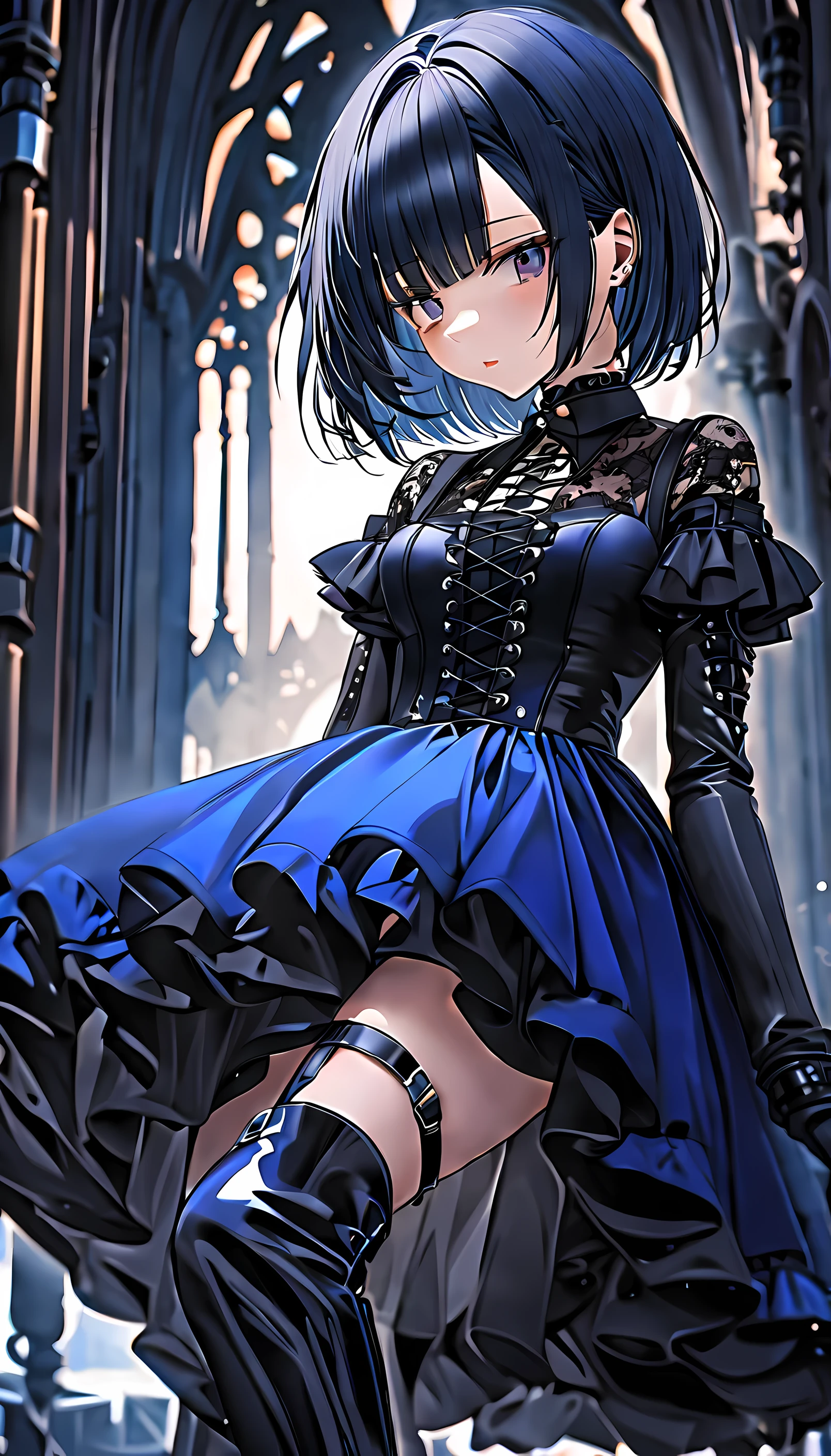 1 girl, dark blue short bob hair, highly detailed gothic dress and, black latex gloves, Black Lace Up Boots, soft focus, shallow depth of field.