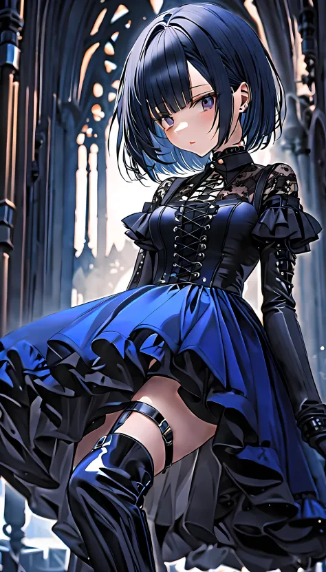 1 girl, dark blue short bob hair, highly detailed gothic dress and, black latex gloves, Black Lace Up Boots, soft focus, shallow...