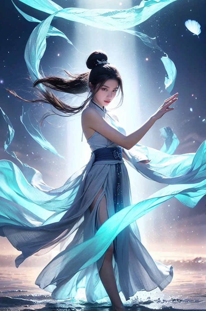 best quality, masterpiece:1.2, 8k, flowing energy, glowing hair, 1girl,elegant, black long hair, floating energy scroll, pink eyes, dynamic pose (in Chinese), Hanfu:1.2, glowing text, transparent text, energy particles, energy fluid, dawn, blue energy, light particle effects